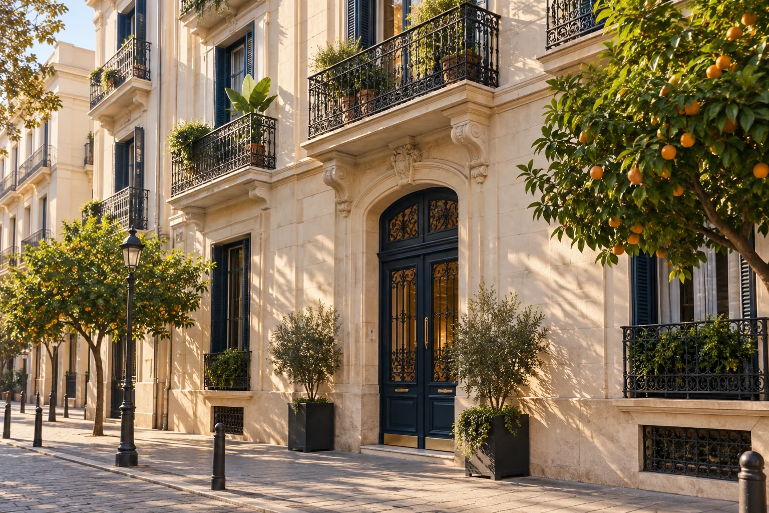 Imagen ilustrativa de una fachada residencial valenciana con balcones y naranjos.